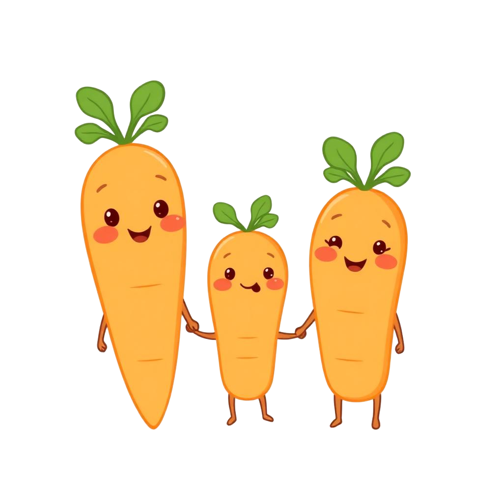 A happy family of three cartoon carrots holding hands
