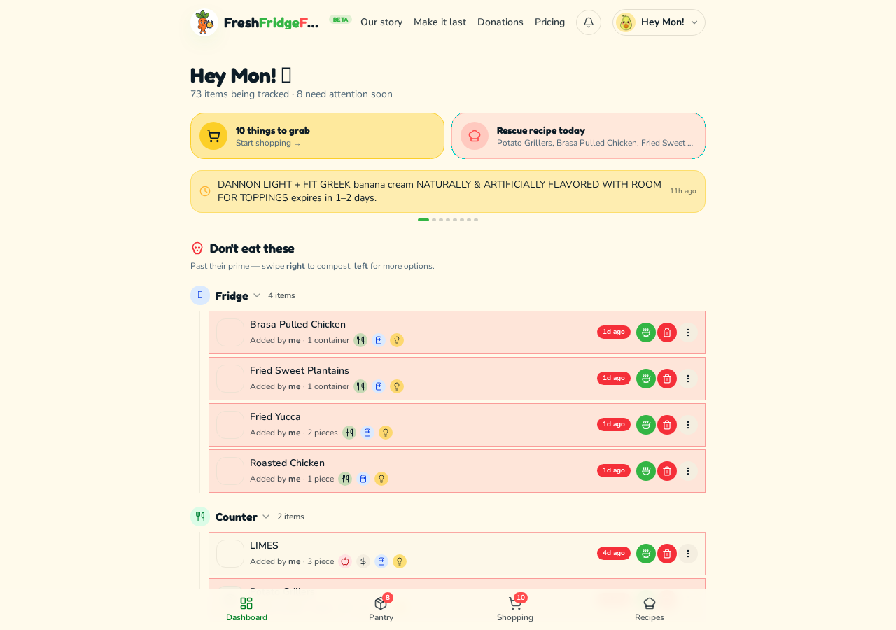 Dashboard showing streaks, badges and money saved from food that did not go in the bin