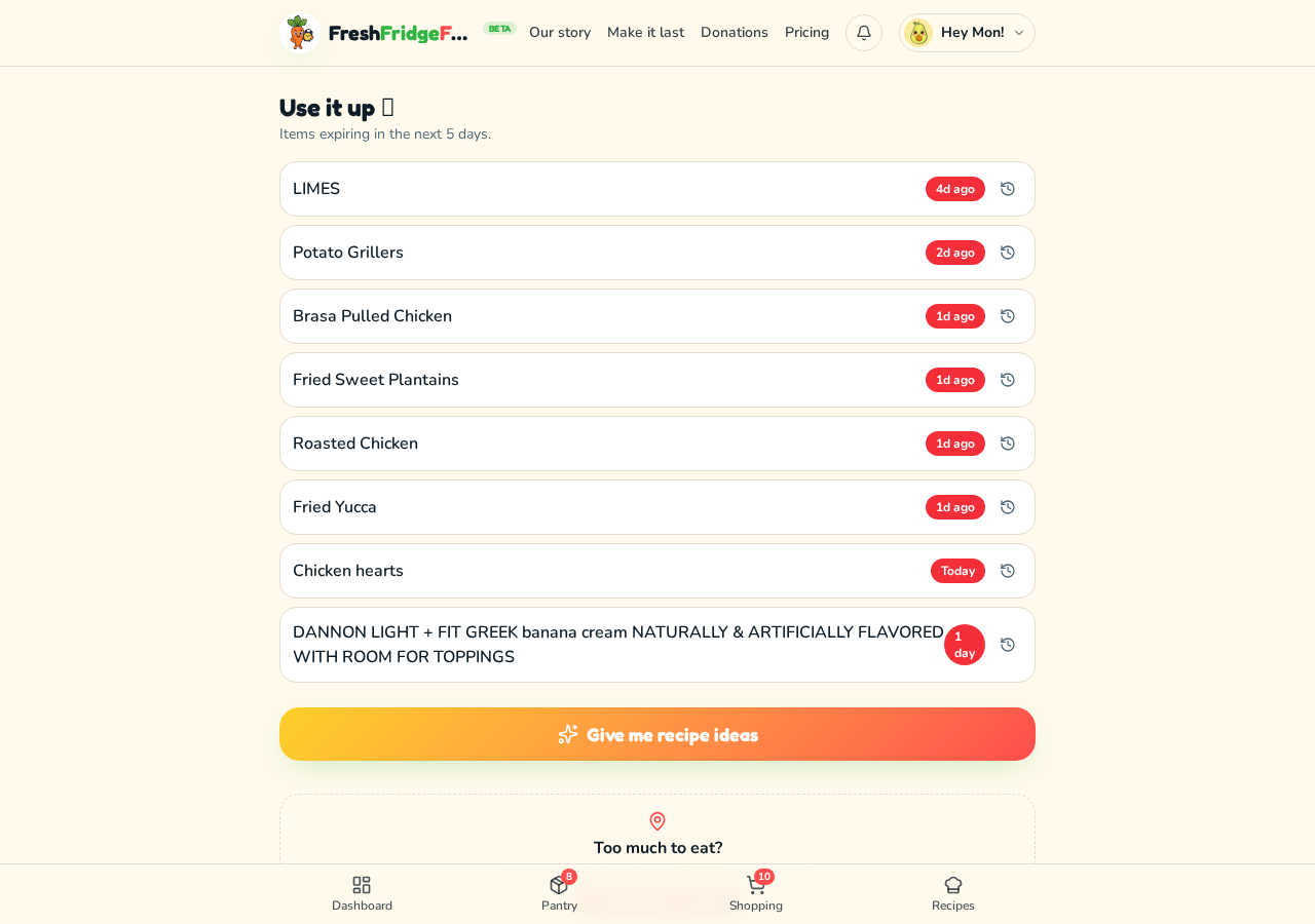 FreshFridgeFriend use-it-up screen listing limes, plantains and yogurt with red 1-day and 2-day expiry badges