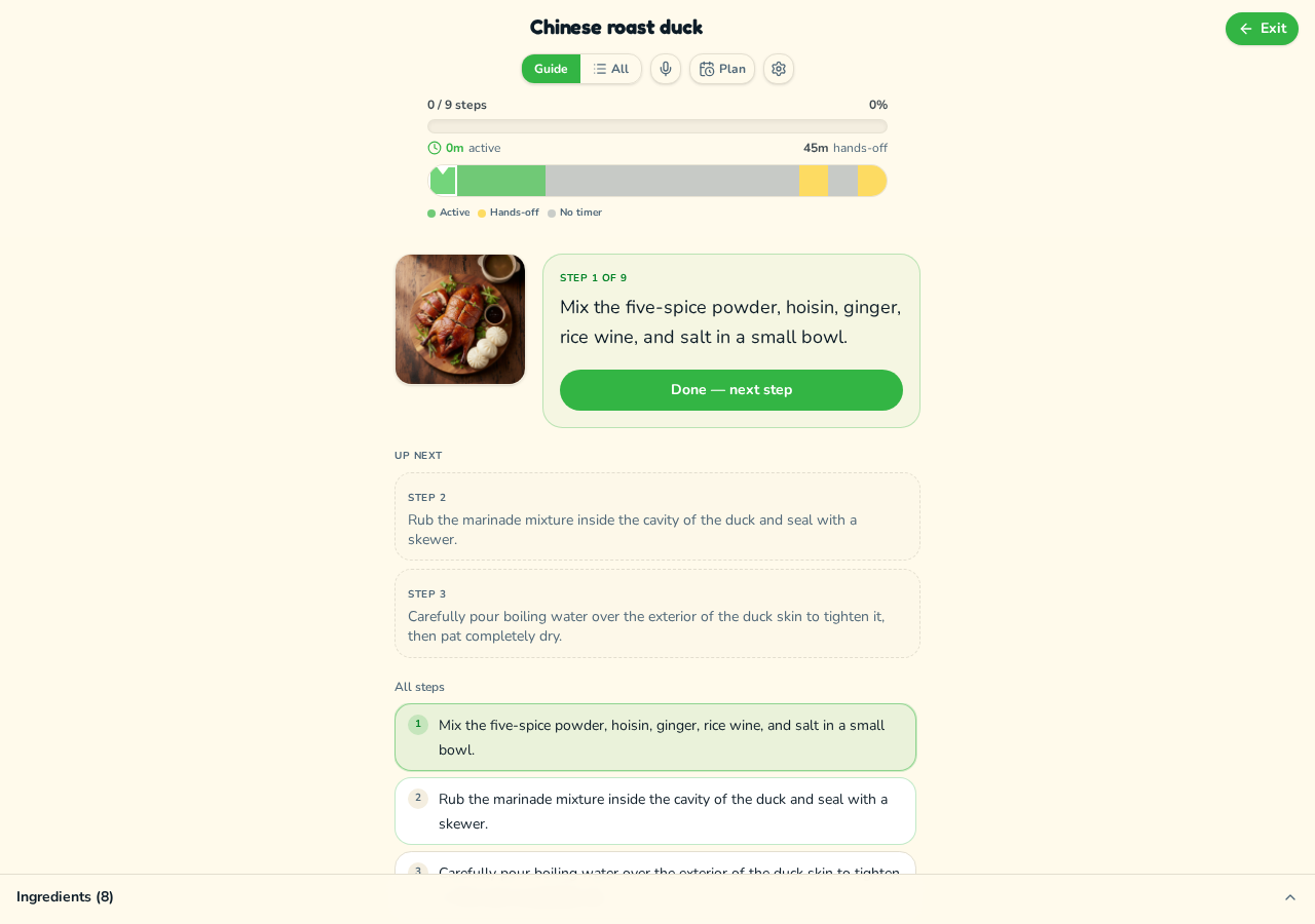 Step-by-step cook mode for a recipe generated from expiring pantry items, with timers per step