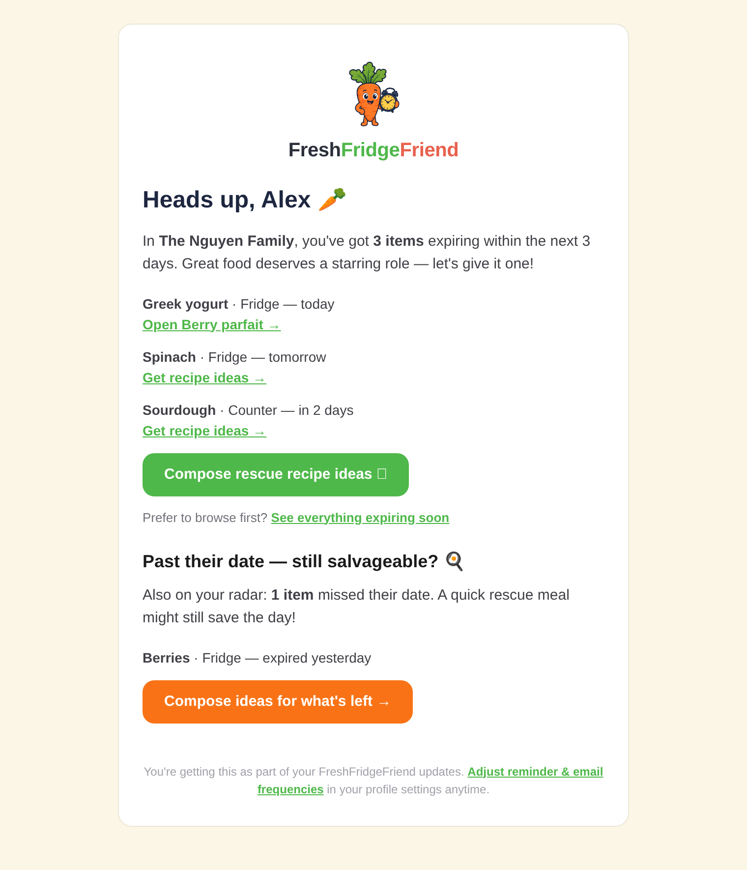 FreshFridgeFriend expiry reminder email listing yogurt, spinach and sourdough with days left
