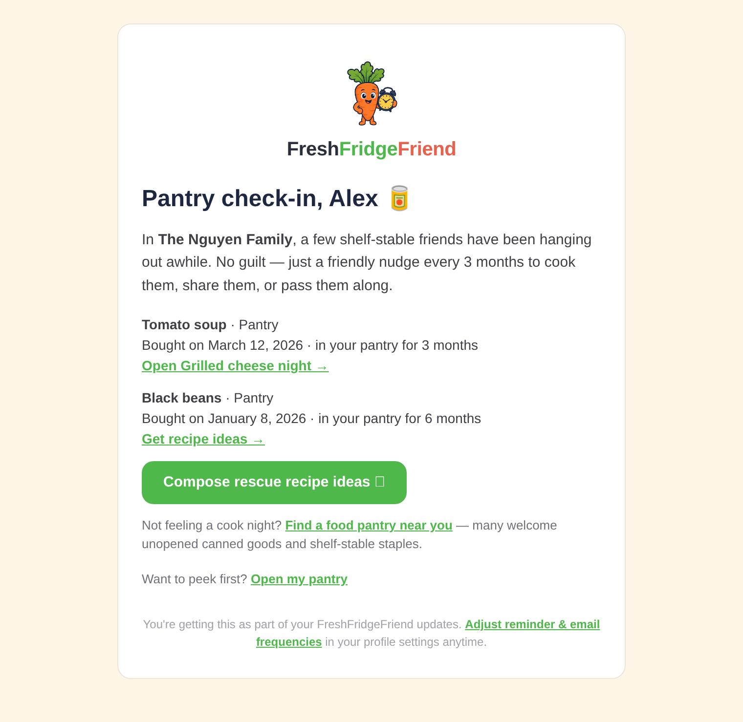 FreshFridgeFriend pantry check-in email showing canned soup and black beans held for months with a donate link