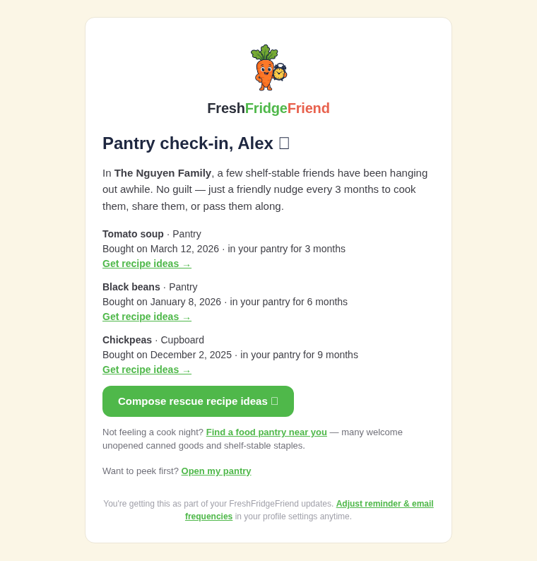 FreshFridgeFriend donation reminder email suggesting food pantry donation for long-shelf canned goods